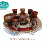 سرویس چایخوری 6 نفره الیزابت قرمز آنتیک ساخته شده از بلور با استکان‌های کمرباریک، نعلبکی، سینی و قندان از گالری صنایع دستی فاطمی، مناسب برای هدیه و پذیرایی لوکس